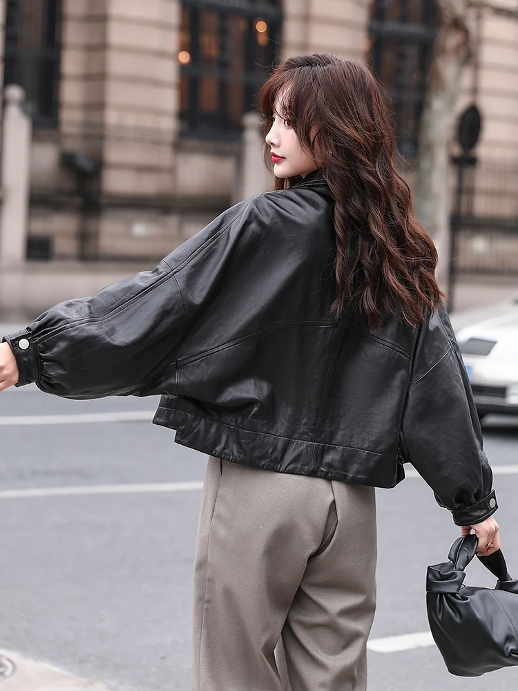 Chaquetas de cuero coreano negro para mujer, chaqueta de motorista con botones cubiertos, ropa de calle femenina, abrigos casuales sueltos con bolsillos, moda de invierno
