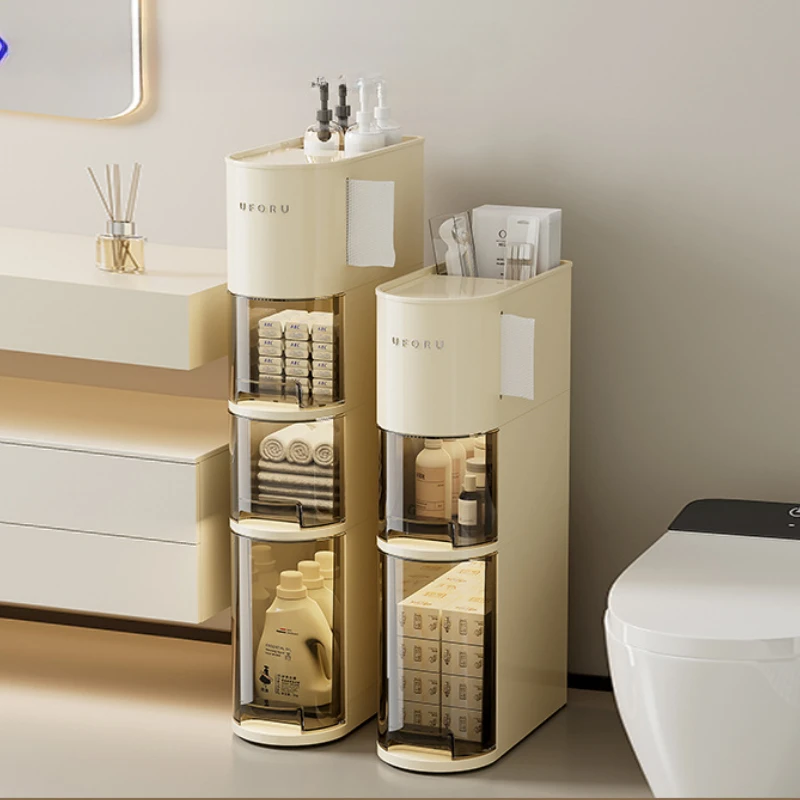 

Plastic Layered Storage Drawers Waterproof Bathroom Organizer with Wheels Tissue Dispenser Space-saving Toilet Side Cabinet