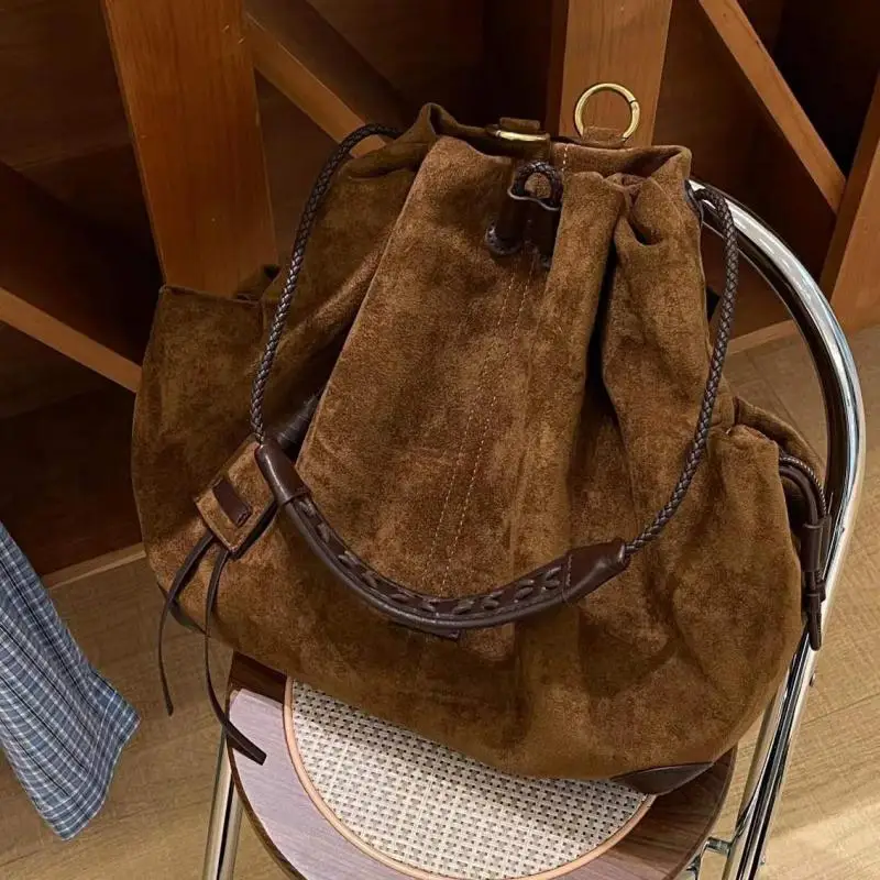 

European And American Frosted Suede Bucket Type Backpack Retro Large Capacity Portable Single Shoulder Diagonal Cross Bag Trendy
