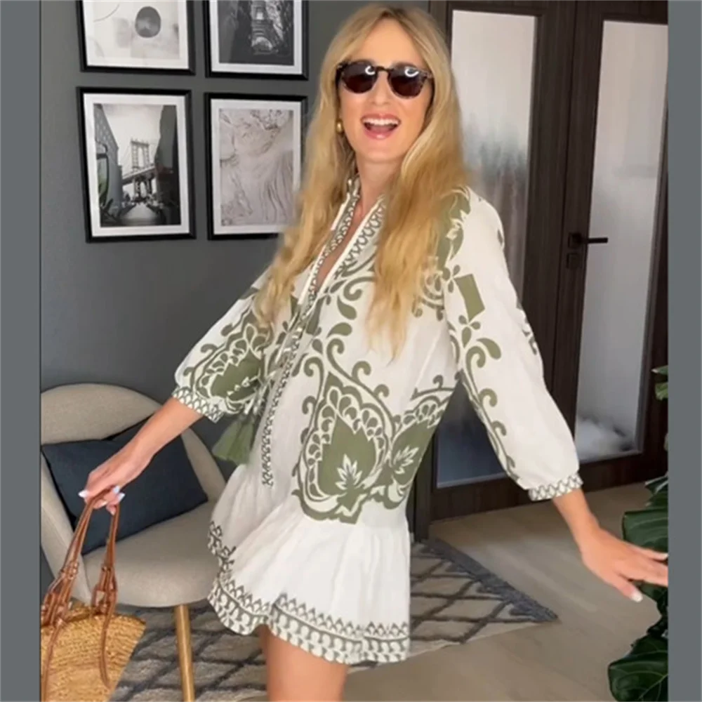 PB&ZA2024 Summer New Women\'s Fashion, Elegance, Leisure, Loose and Versatile Printed Tassel Lace up Mini Dress