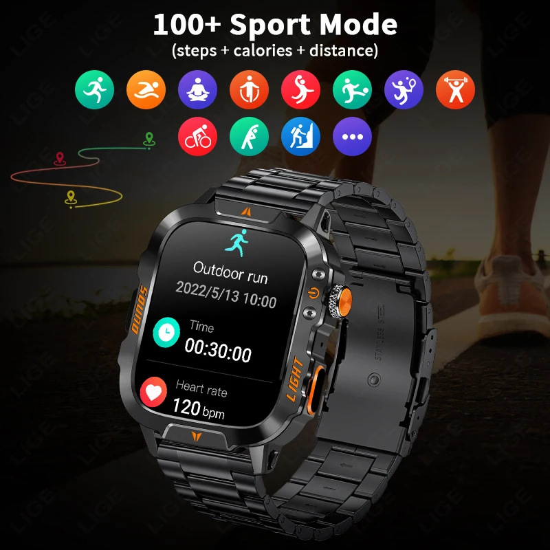 LIGE 1.96-inch Screen Rugged Military Smart Watch Men Outdoor Watch lP68 Waterproof Bluetooth Call Smartwatch For Android lOS