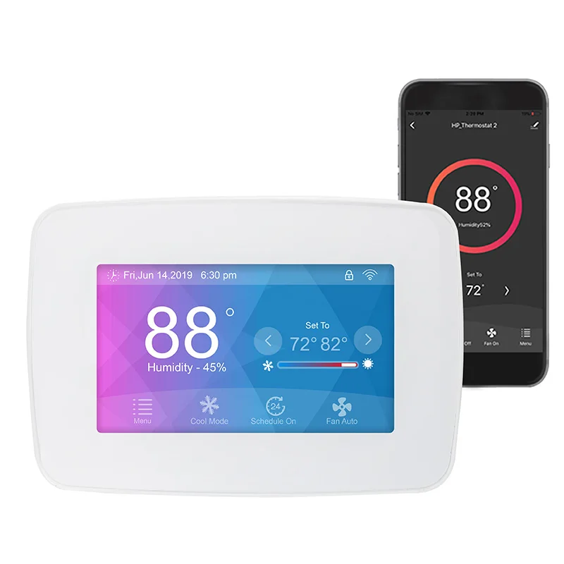 Modern 24V Smart WiFi Touch Thermostat for Water Heating Systems and HVAC for Apartment Heat Pump Systems