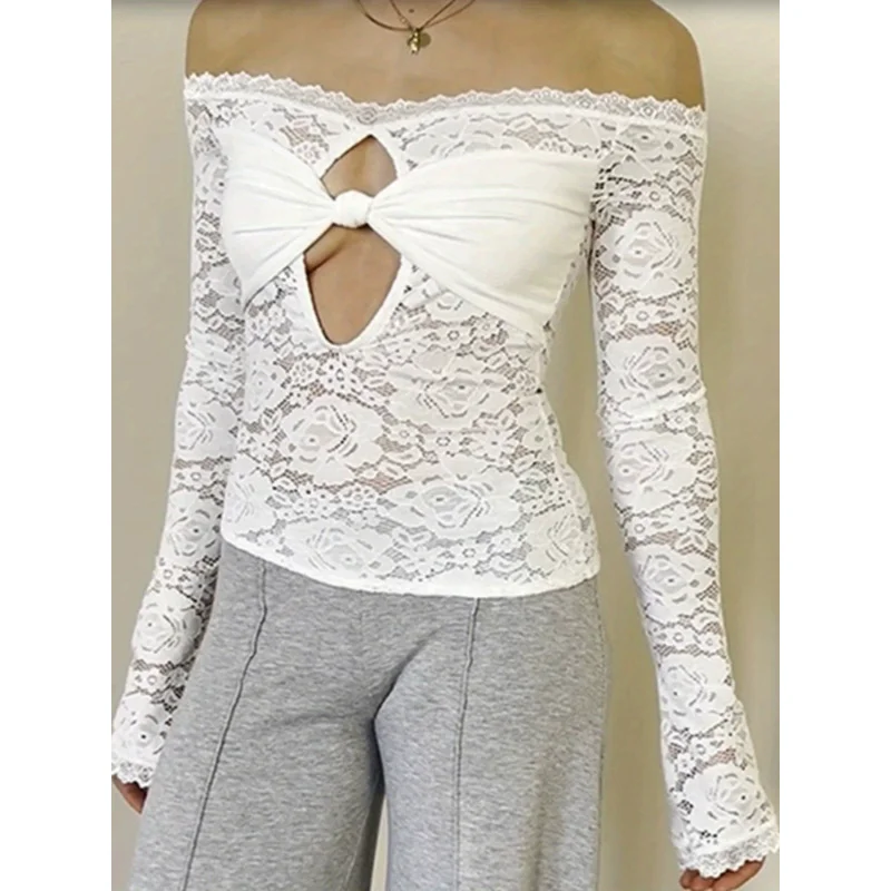 Top de Encaje de un Solo Hombro para Mujer: Blusa Corta Sexy de Poliéster Elástico, sin Mangas con Blanco Clásico, Ideal para Fiestas Nocturnas