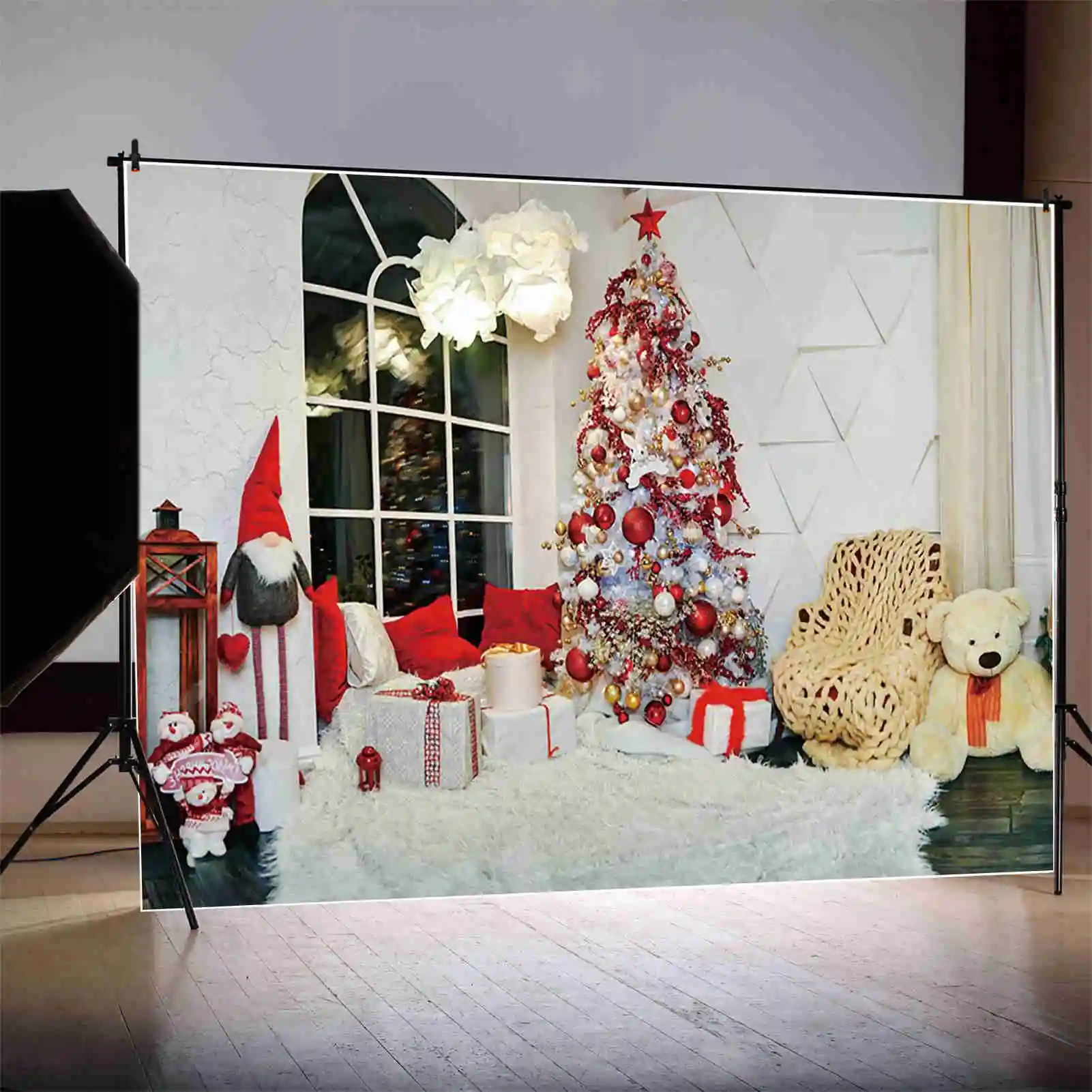 MOON.QG Happy New Year Background Photography Xmas Trees Sofa Interior Photozone Backdrop Children Photo Studio Photocall Props
