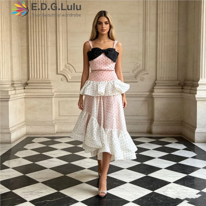 EDGLuLu 2 Pieces Set For Woman Butterfly Knot Splicing Strapless Camisole Top+ Polka Dot Asymmetrical Ruffle Long Skirt Suit0808