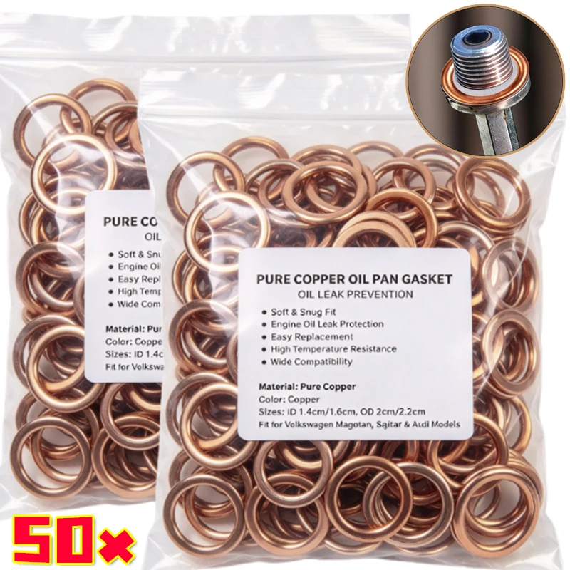Car Anti-Leak Crush Washer Repair Oil Change Drain Plug Pure Copper Sealing Gasket for VW Audi Vehicle Oil Pan Bolt 10-50PCS