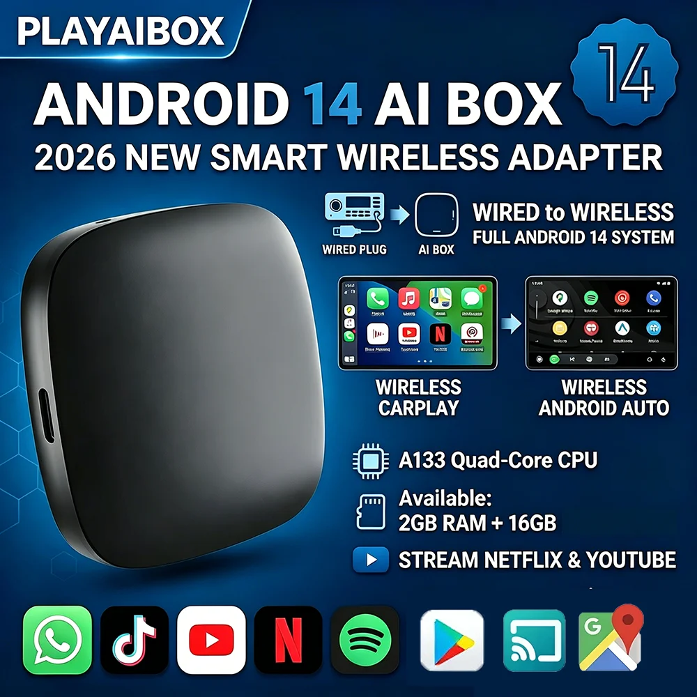 2026 Android14 CarPlay Ai Box Adaptador USB 3 em 1 de Android Auto com Fio para Sem Fio para Youtube Netflix Toyota Mazda Hyundai Haval VW