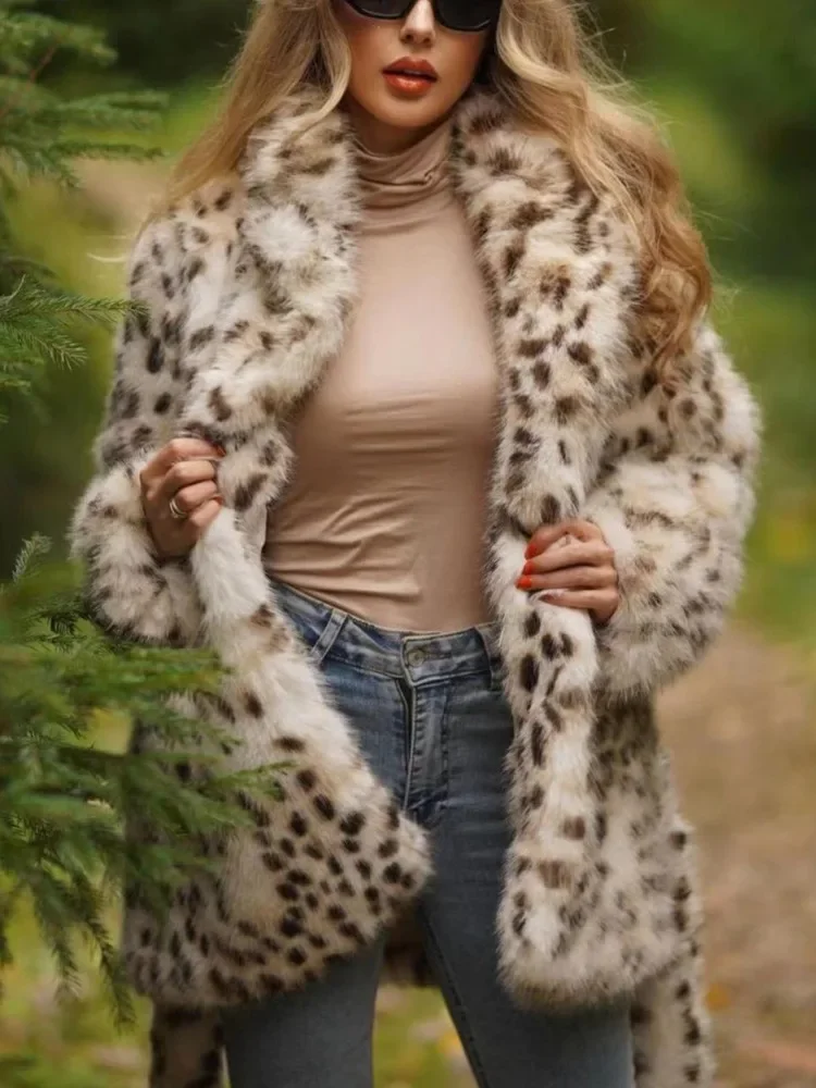 Leopard Warm Faux Fur Coat For Women Turn Down Collar Patchwork Sashes Pocket Coats Winter New Tide 2025 New