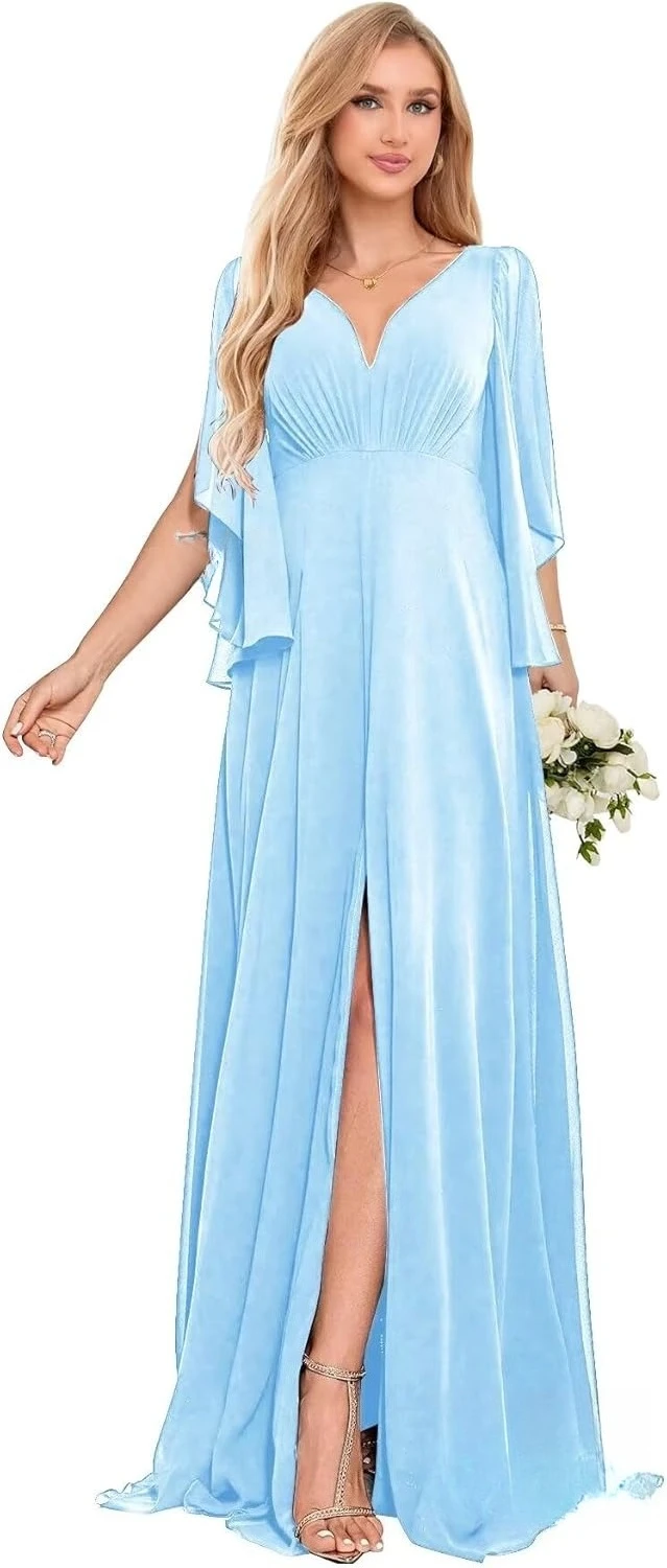Brautjungfernkleider mit tiefem V-Ausschnitt und Rüschenärmeln, Schlitz, gerüscht, Chiffon, Maxi, formelles Abendkleid, formelles Kleid für Damen, elegant