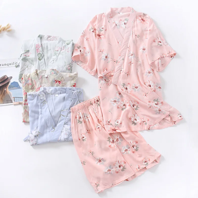 

Wholesale & Retail Women's Summer Cotton Two-piece Kimono Cotton Short Sleeve Shorts Japanese Kimono Pajamas Thin Home Steamer