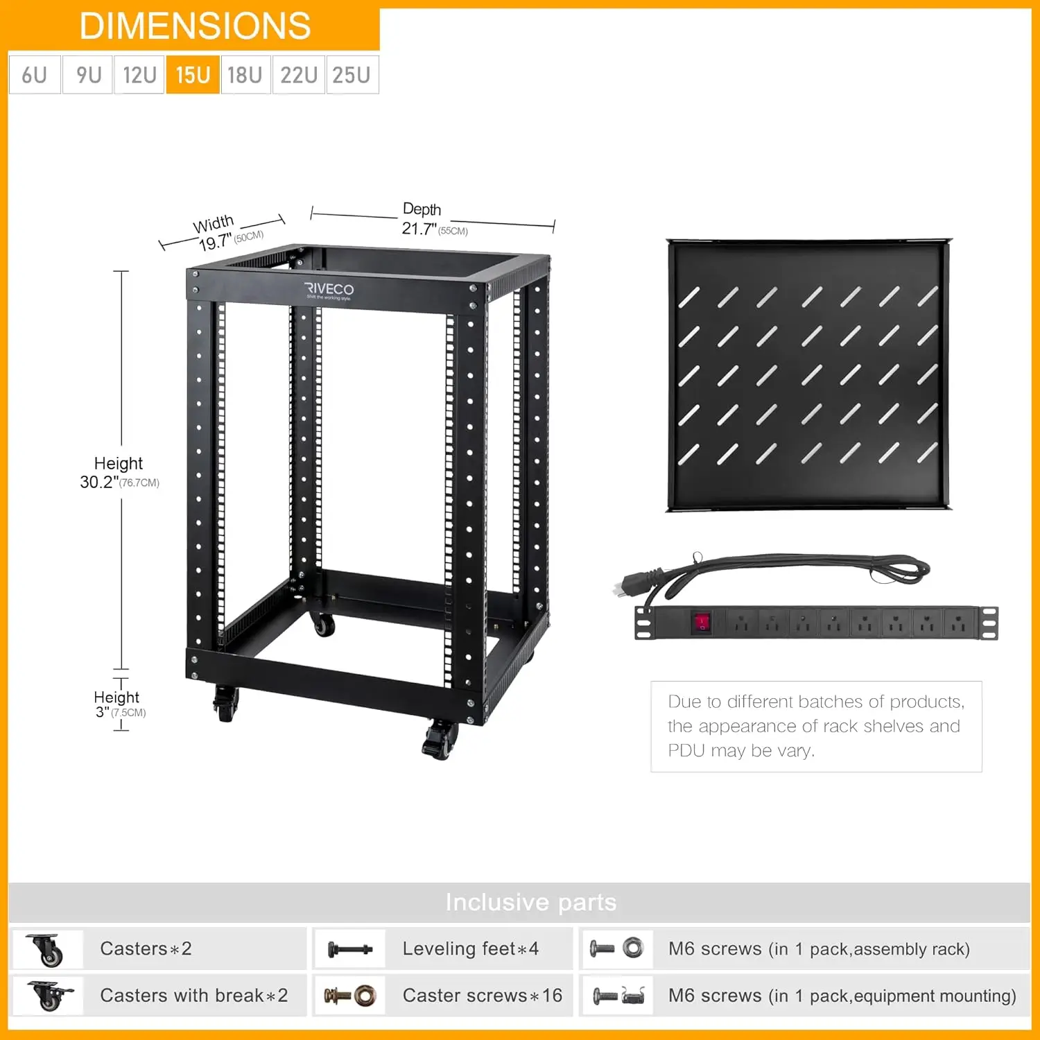 19 Inch Open Frame Server Rack with Wheels Including 1U Rack Shelf & Power Strip Universal for 19