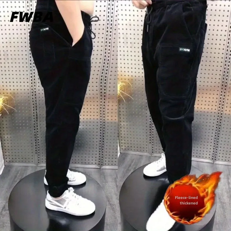 Pantalones informales de alta calidad para hombre, pantalón de pana con seis bolsillos y cintura elástica, nuevo estilo, pantalones cepillados de terciopelo, otoño e invierno, 2024