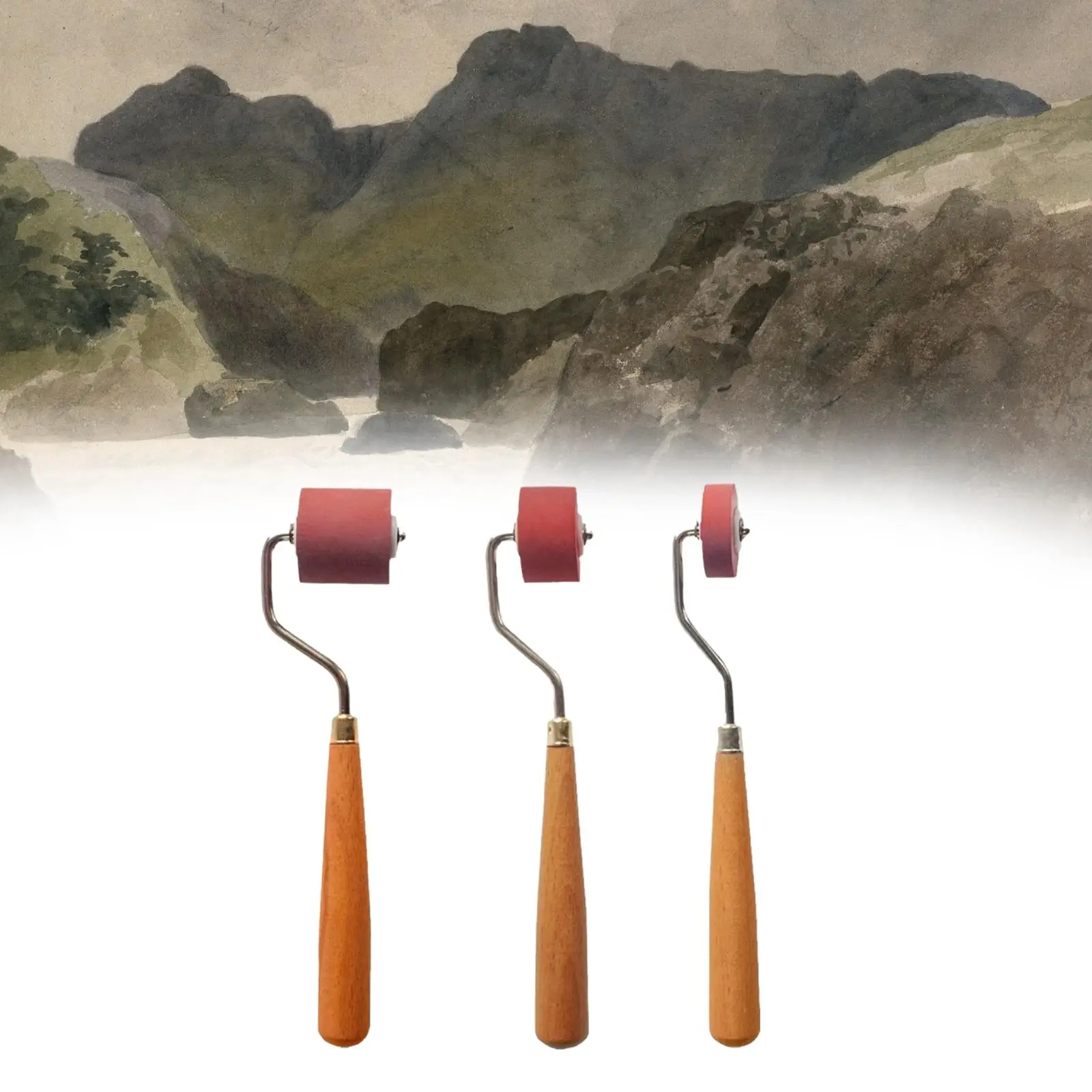 3Pcs Hard Rubber Roller Kit with Wooden Handle Printing Tools Portable Ink