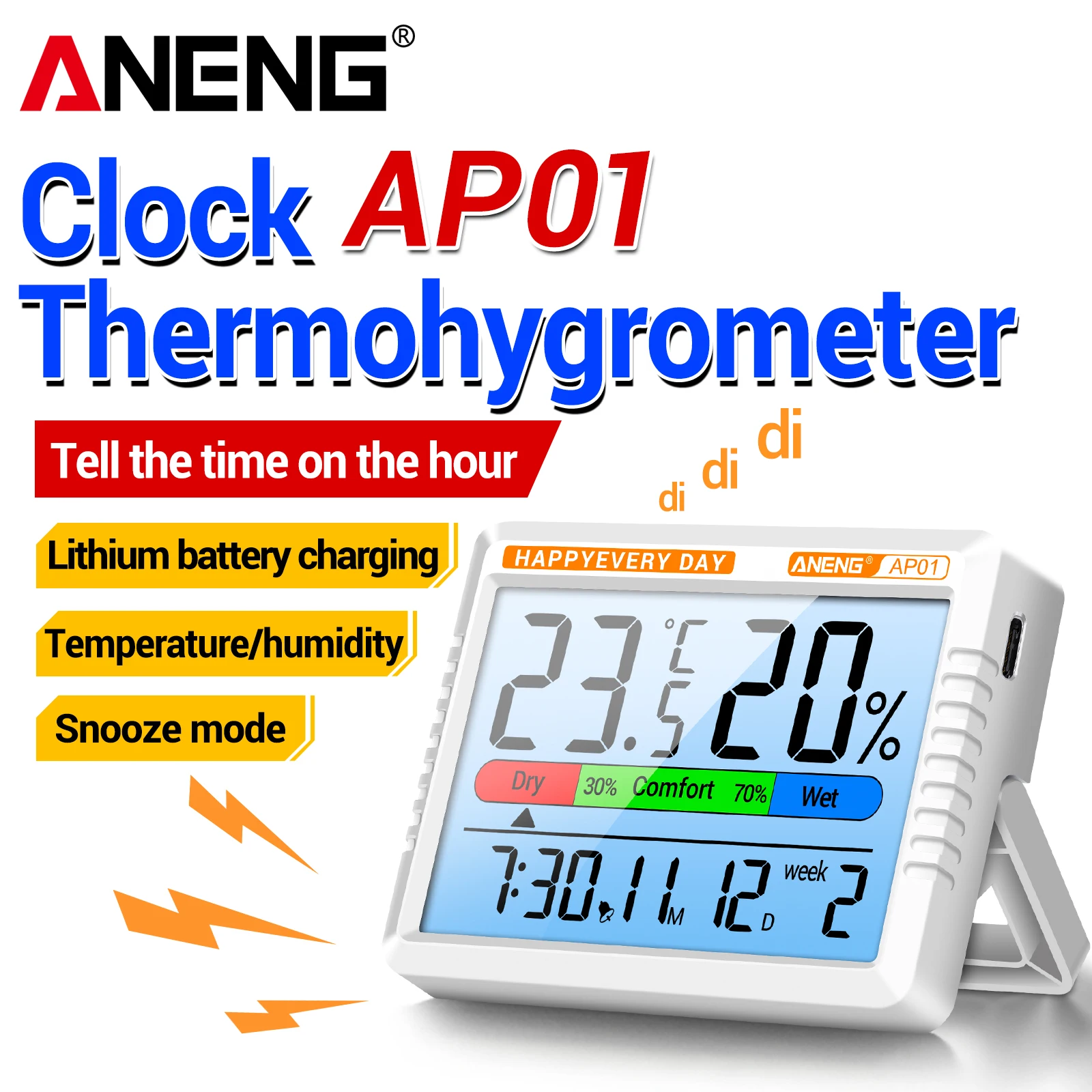 Thermomètre Hygromètre Rechargeable ANENG AP01 avec Chargement Type-C, Écran LCD Rétroéclairé, Alarme, Fonction Snooze, Horloge, Calendrier, Moniteur de Température et d'Humidité
