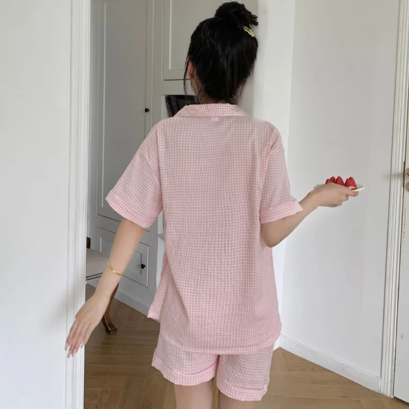 Women's Summer Outfit Ins Style Girl Cloud Cotton Summer Thin Short Sleeve and Shorts Plaid Skin-Friendly Cardigan Homewear Set