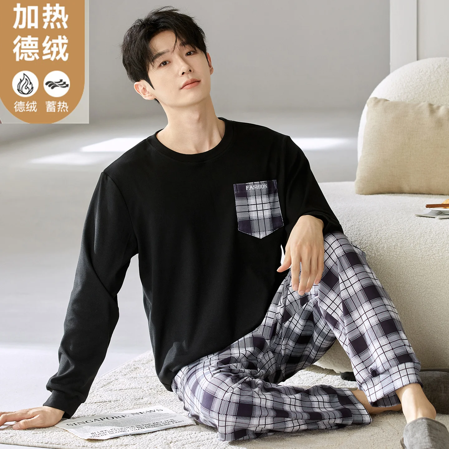Plaid Pajamas set For Men Winter and Autumn Thin Fleece Warm Sleepwear 2Pcs/set Casual Homewear Big Size L-3XL Pjs Pyjamas Homme