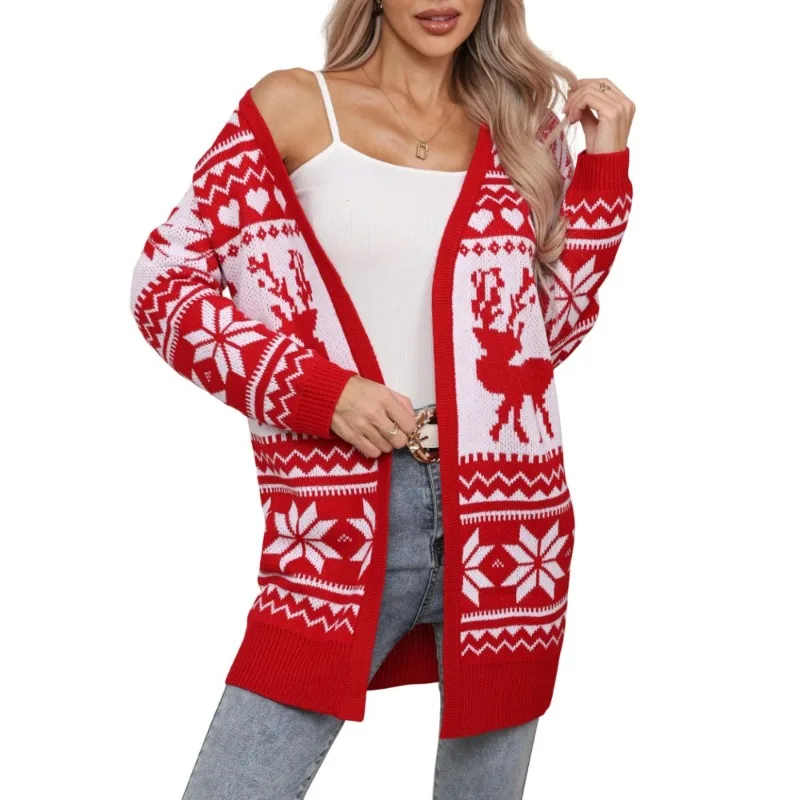 Cardigan brodé de renne et de flocon de neige pour femmes, pull confortable en tricot ouvert sur le devant pour tenue de fête de vacances, nouvel an