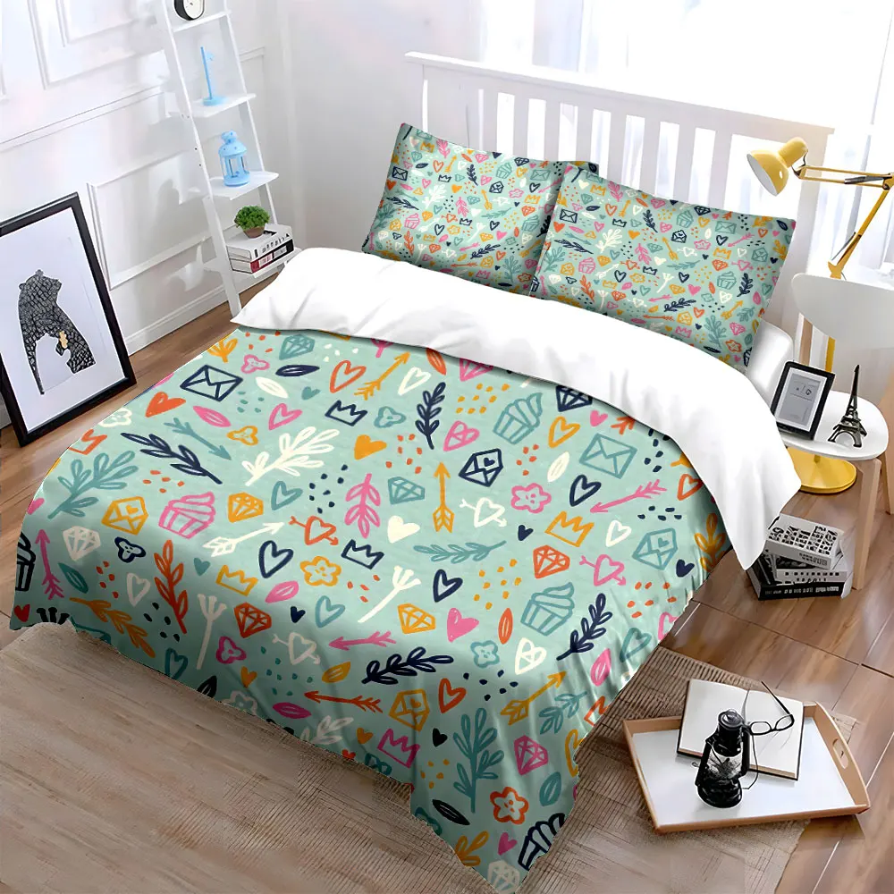Hand-drawn hearts and pattern elements Bedding Set for Kids Luxury Gift 3pcs Digital Print Comforter Set Soft Comfortable