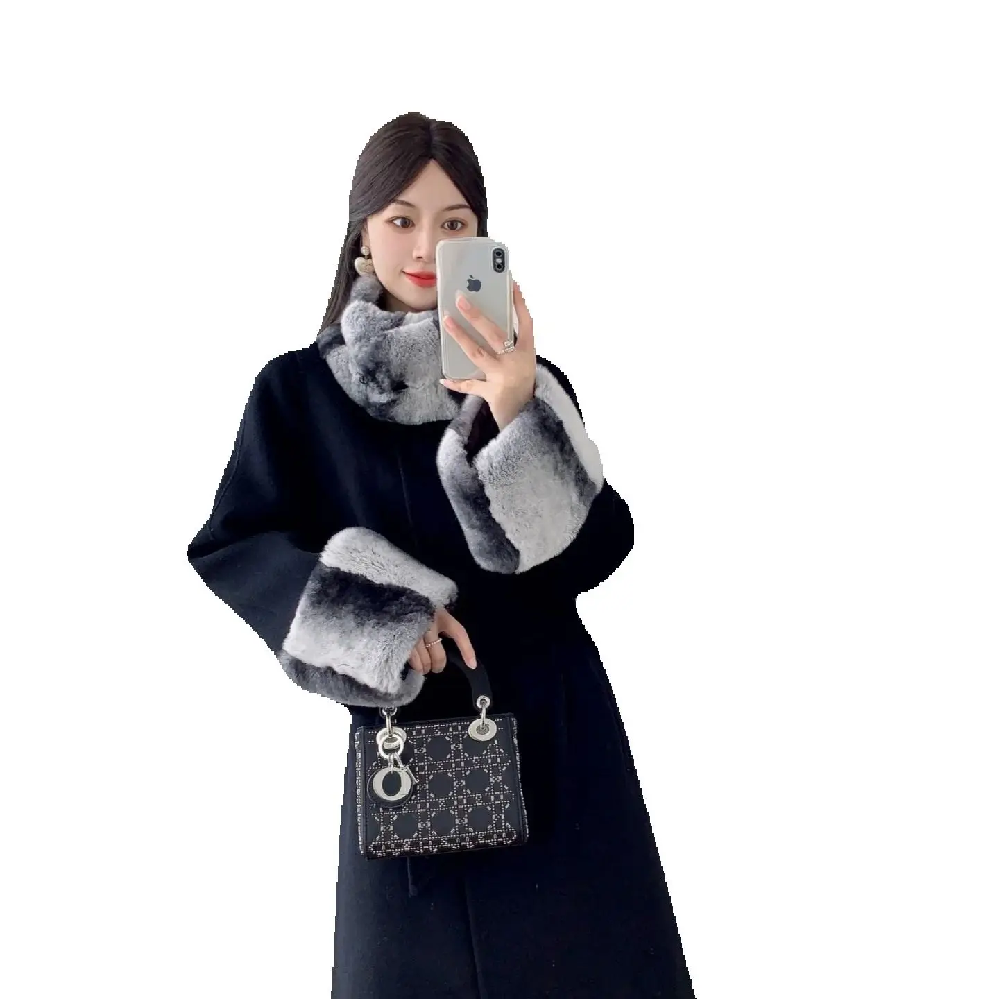 A long, slimming and form-fitting woolen coat for women, featuring rabbit fur and fur for the New Year's Eve
