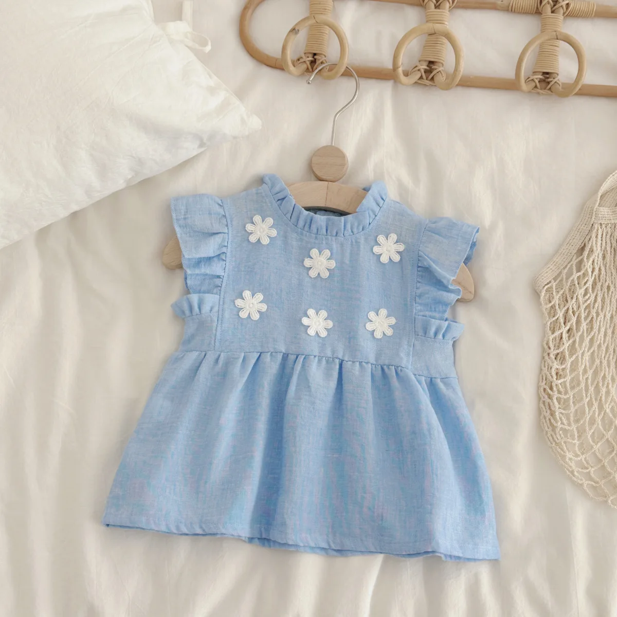 

Baby Girl Clothes NewBorn Princess Summer Causal Baby Girl Dress Ruffles Sleeve And Collar Blue Decal Dress Toddler Kids Dress