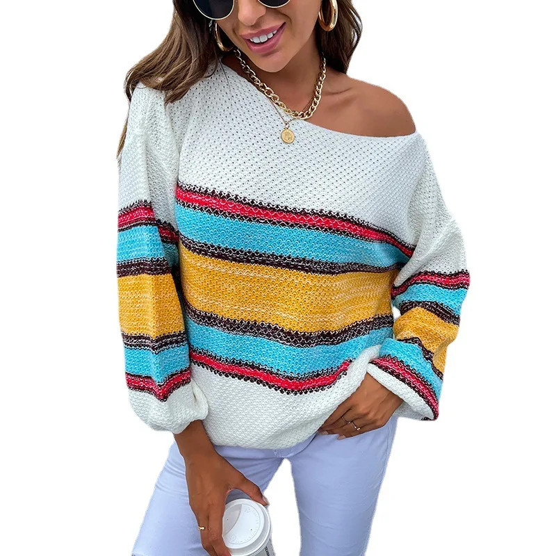 2023 autumn and winter new European and  sweater women's contrasting color one-word collar rainbow striped knitted sweater
