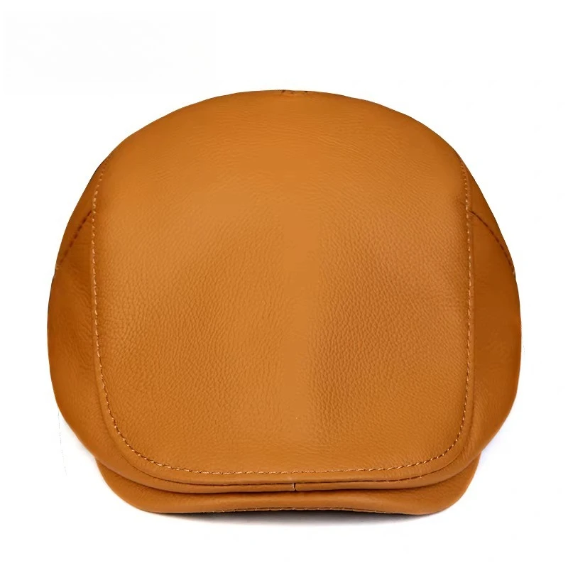 New 2025 Genuine Leather Hat Cap Cowhide Beret Warm Cotton Men Padding Brand Yellow Brown Boina