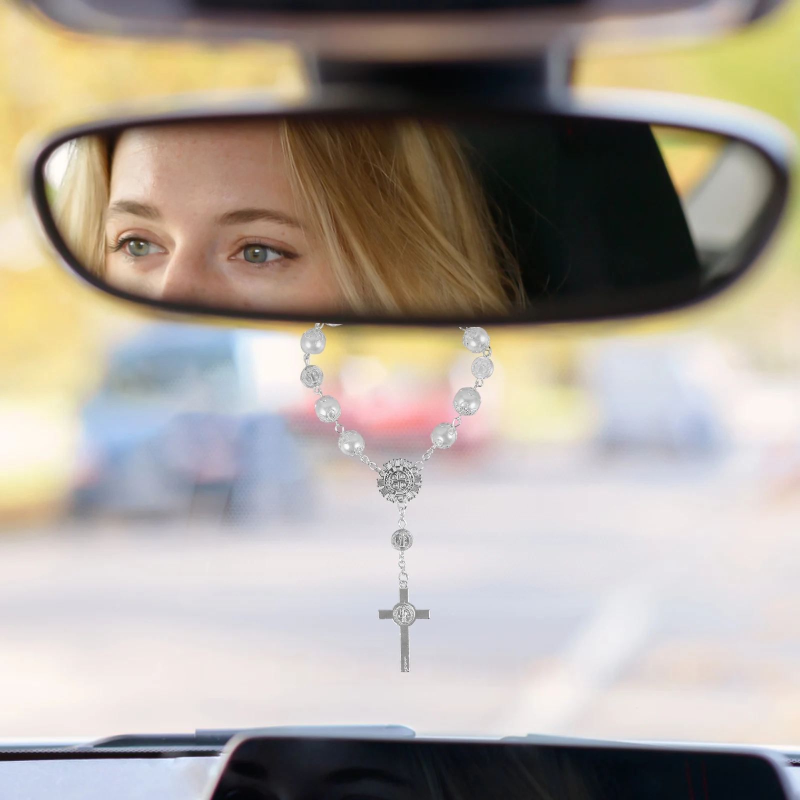 

White Car Rosary Bracelet Cross Hanging Accessories for Rearview Mirror Alloy Charm Interior Easy Install Universal Fit