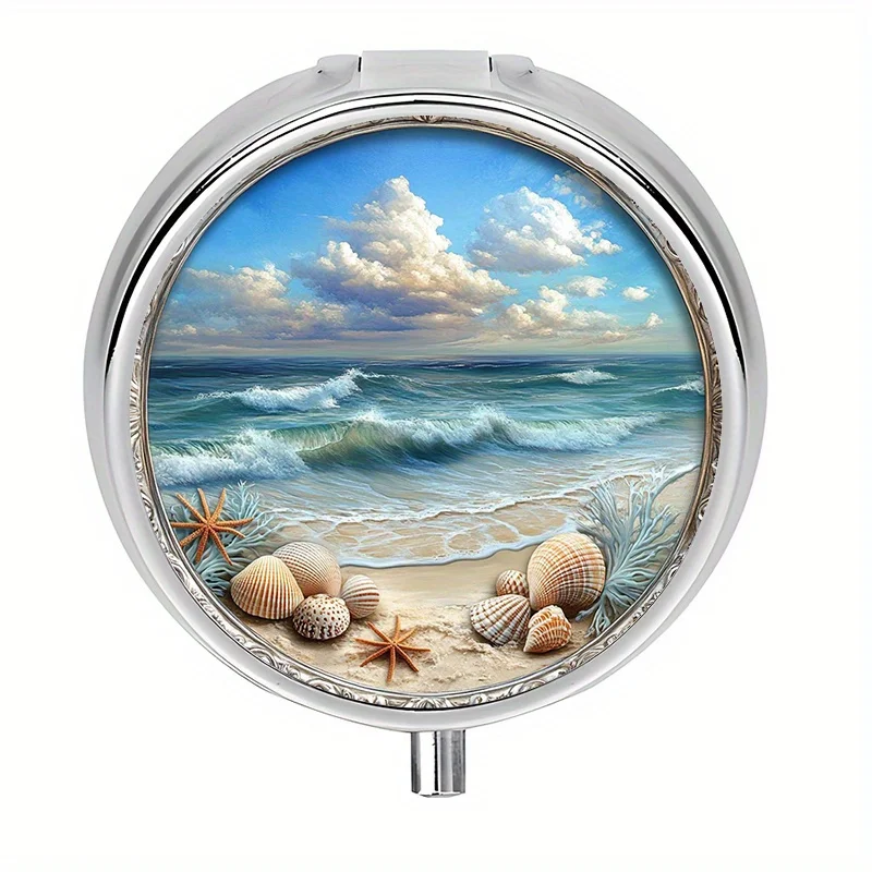 1-piece 3-compartment pill box, ocean scenery theme, mini pill container, pill organizer, unique travel gift