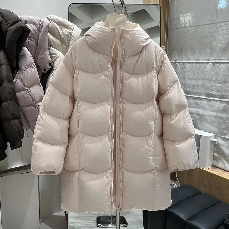 Europejska i amerykańska zimowa nowa kurtka puchowa damska, luźna, do dojazdów do pracy, wiatroodporna, z kapturem, 90% biały puch kaczy, ciepła kurtka.
