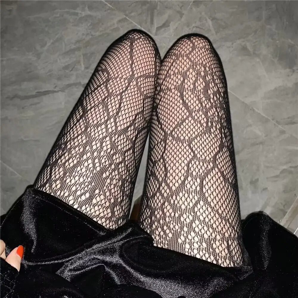 Collants Sexy en soie noire, grande taille, nœud de lettre, pour femmes, Perspective creuse, bas en résille, chaussettes Lolita en nylon