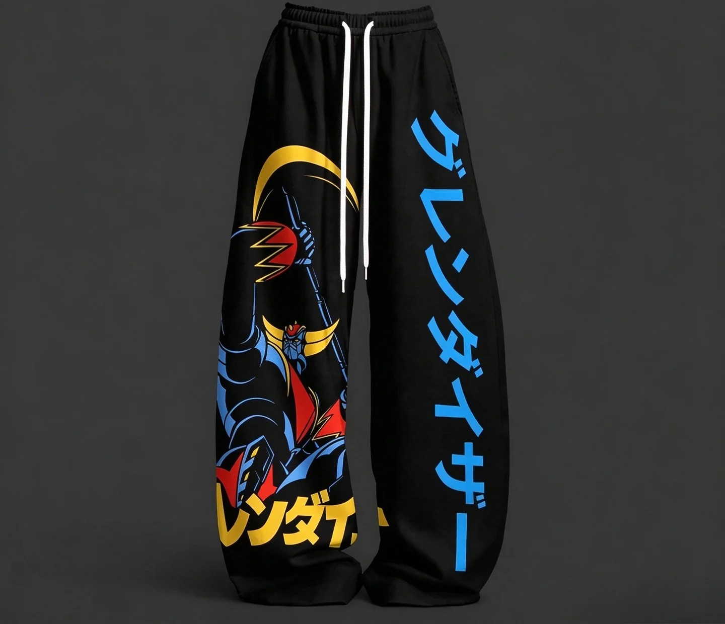 Colorful Mecha Character Comic Print Baggy Pants, Silky Soft Elastic Drawstring Trousers for Friend Meetup & Retro Art Admirers