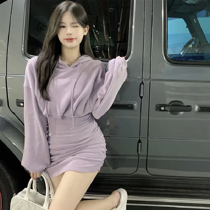 Hooded Sweater Wrap Hip Dress Women's Autumn 2023 New Short Dress Purple Waist Long Sleeve Y2K Skirt