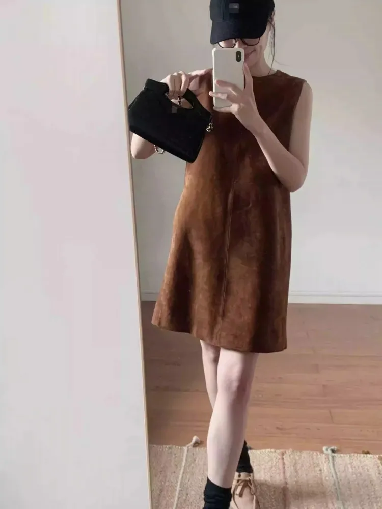 Vrouwen lederen jurk casual mouwloze O-hals suède schapenvacht korte jurken losse pasvorm mode dames trui tankjurk
