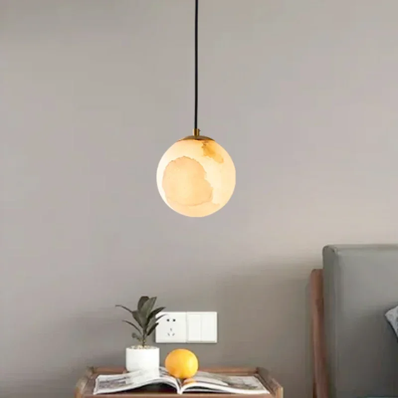 Natural Marble Chandelier Bedroom Bed Hotel Guest Room Restaurant Study Porch Bar Round Ball Copper Pendant Light Fixture Lustre