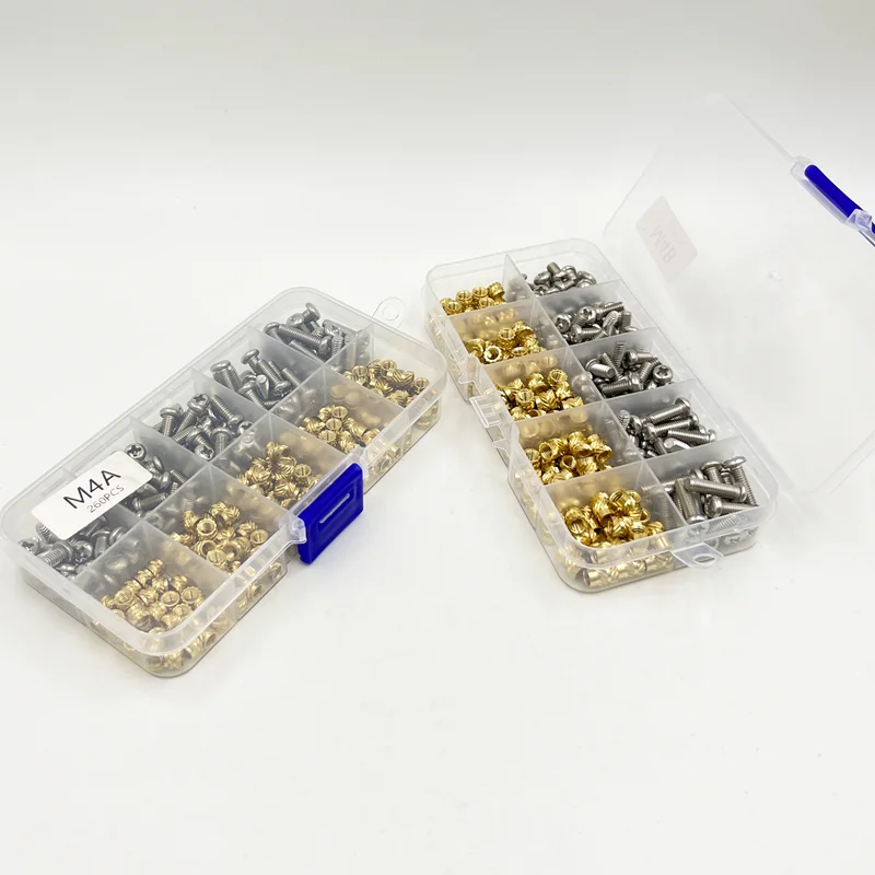 Brass Insert Nut M1.4 M1.6 M2 M2.5 M3 M4 M5 Brass Hot Melt Insert Knurled Nut and Stainless Steel Screw Set Injection Embedment