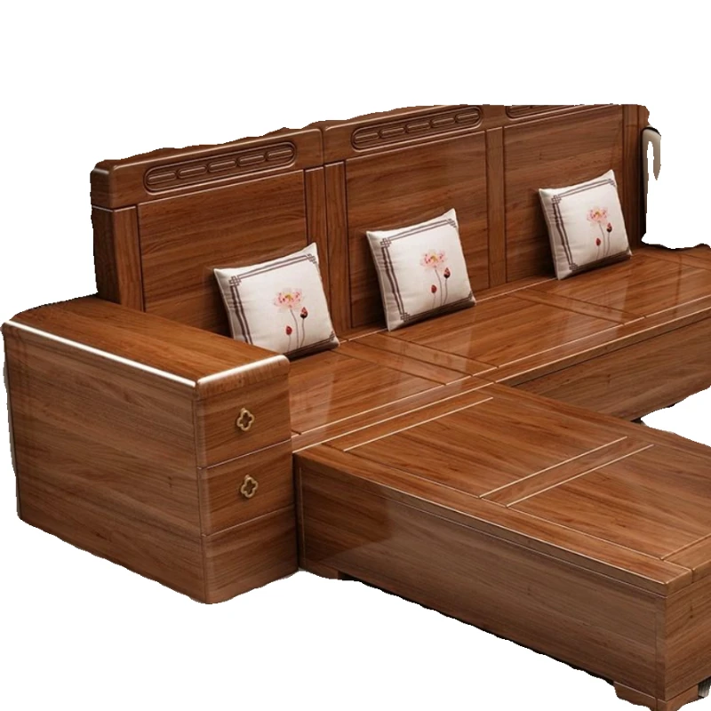 

Walnut solid wood sofa combination Chinese winter and summer dual-purpose storage engraving economical small apartment fabric
