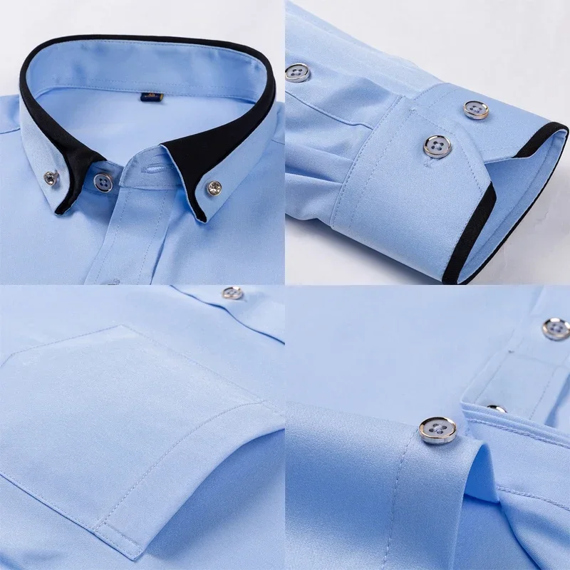 

New Fashion Spring Elastic Non-iron Long-sleeved Shirt Men's Youth Crystal Button Patchwork Collar Not Cotton Business Shirt Men
