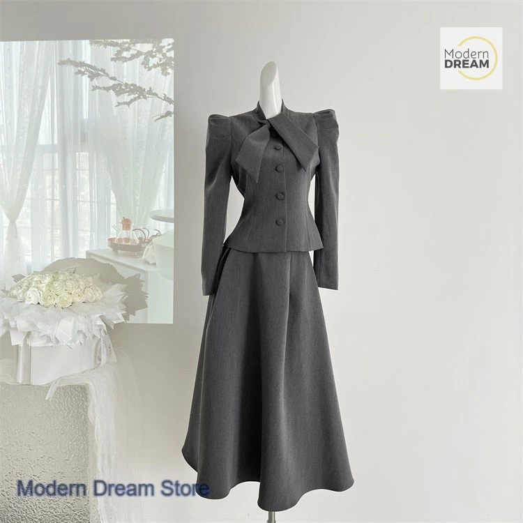 Korean bow tie two-piece suit female spring and autumn new niche design sense Joker fashion new small dress two-piece suit