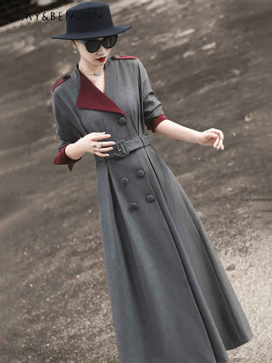 Autumn New High-end Color Contrasting Splicing Strap Slim Trench Dress Women Commuter Style Double-breasted Mid-length Dresses