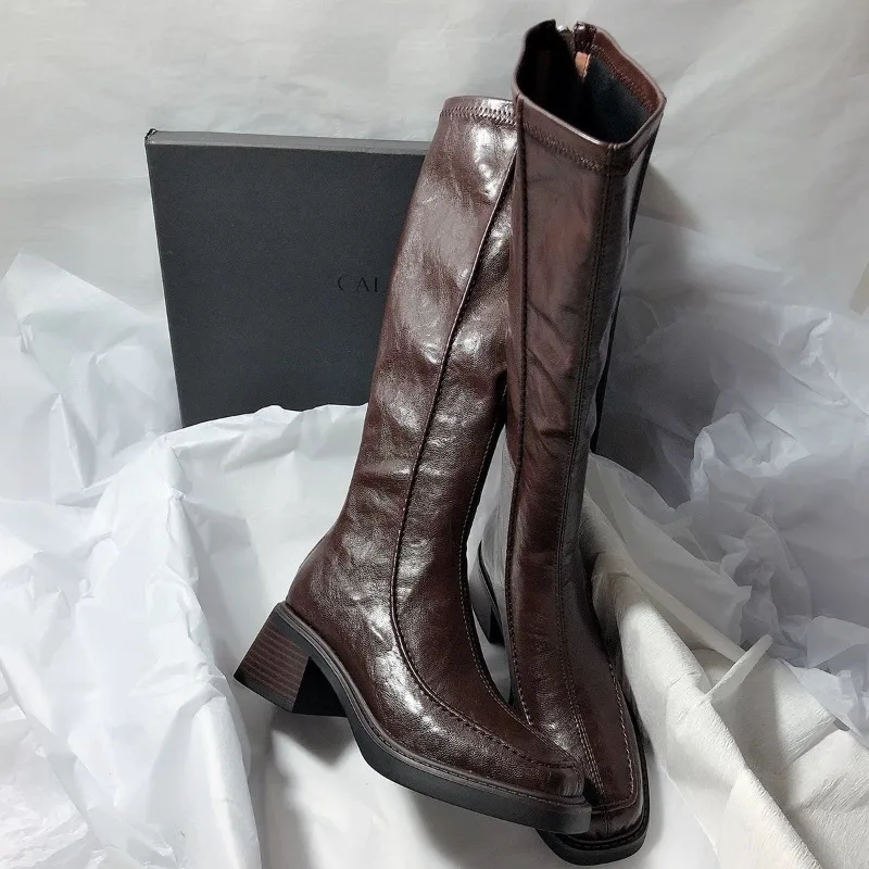 

High Boots Women High Heels Shoes 2025 Winter New Elegant Knee High Chelsea Motorcycle Boots Fashion Chunky Pumps Mujer Botas