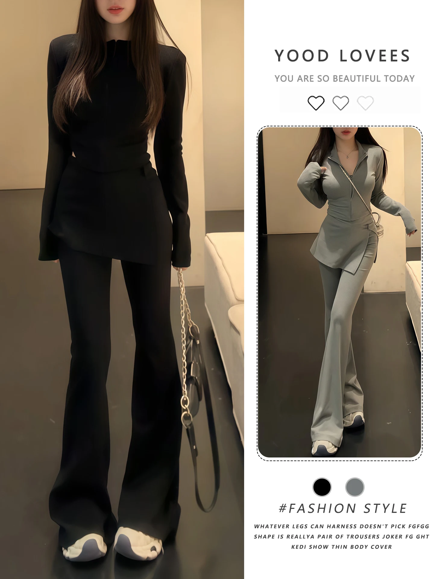 

Spring Autumn 2026 Korean Style Fashionable Stand Collar Zipper Long Sleeve Top Flared Casual Pants Ensemble High Waist Wide Leg