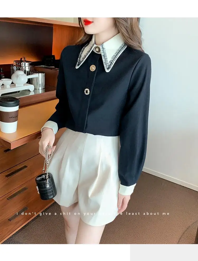 Autumn and winter new fashionable temperament pointed collar long sleeved loose shirt women\'s high-end design sense niche top