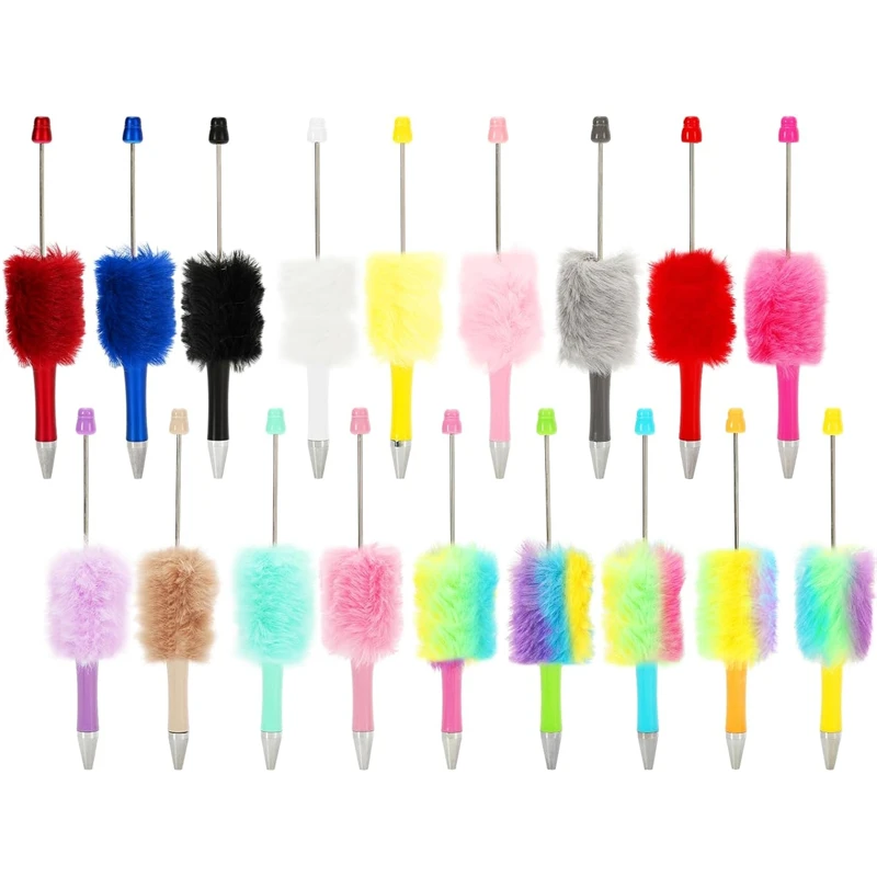 18Pcs Fluffy Beadable Pen 18 Colors Fuzzy Plastic Bead Ballpoint Pen Multicolor Retractable Beaded Writing Pens for DIY Craft