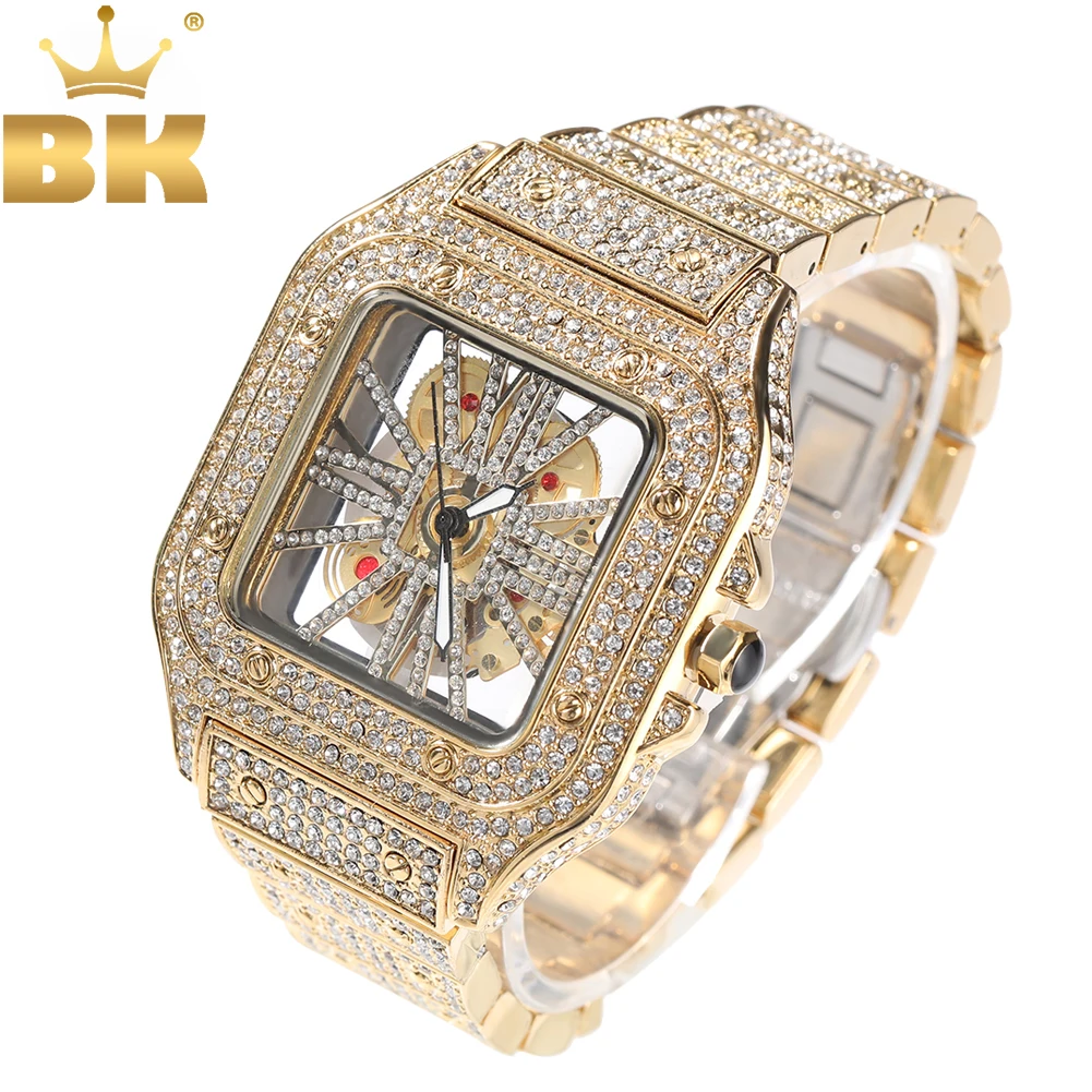 

TBTK Iced Out Men Watch Square Dial Quartz Luxury Brand Automatic Wrist Watches Skeleton Clock Hiphop Relogio