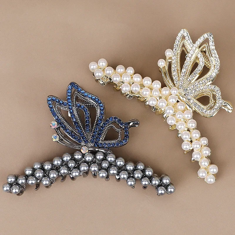 مشبك شعر لؤلؤي كامل على شكل زهرة، مشبك فراشة كريستالي عصري، مشبك سمك القرش المخصص الراقية، مقاس كبير