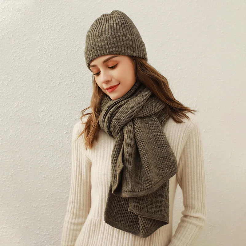 Pure Color Rib Knit Scarf & Hat Sets Female Imitation Cashmere Warm Long Muffler Winter Round Top Woolen Yarn Cap Scarves Women