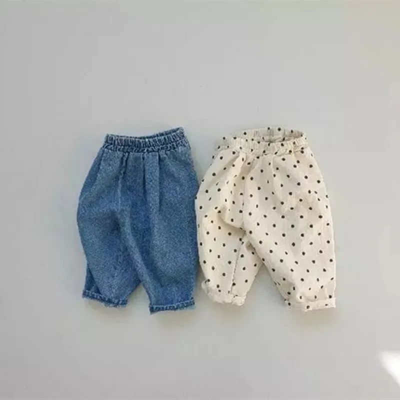 

Spring Fashion Korean Style Denim Blue Baby Jeans Elastic Pocket Straight Loose Casual Dot Infant Kids Trouser for Boys Girls