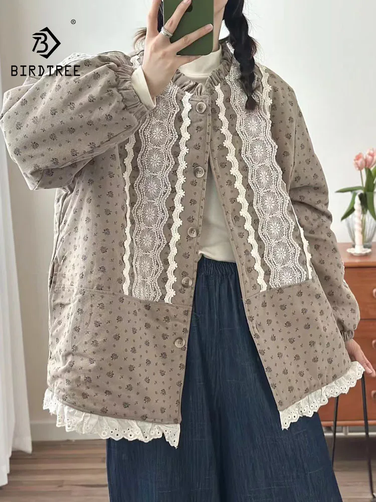 

New 2025 Winter Cotton Padded Shirt, Women O Neck Print Lace Patchwork, Mori Girl Prairie Chic Warm Loose Outerwear C5N958CC