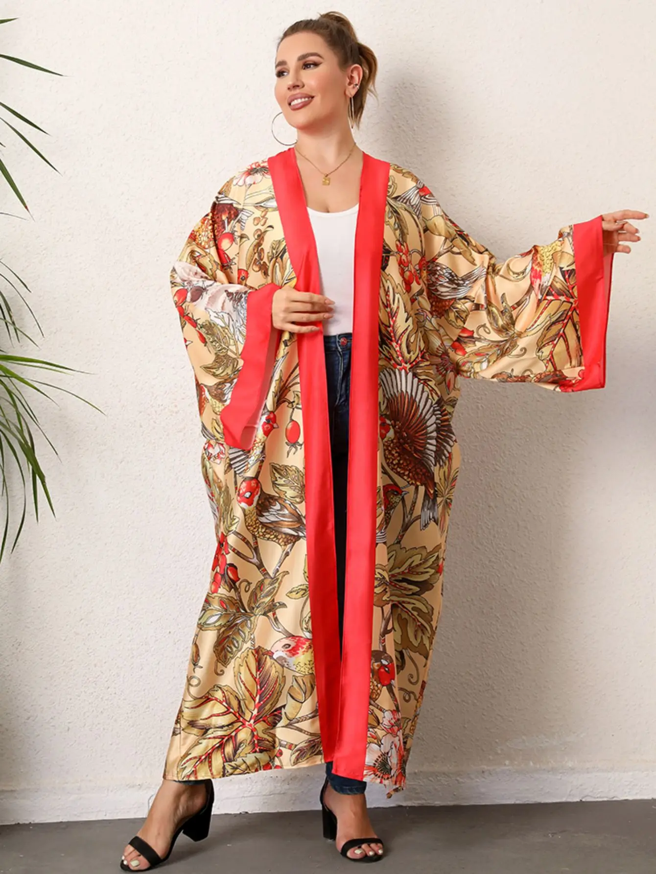 Plus rozmiar Boho Kimono damskie Plus tropikalny nadruk kontrastowe wiązanie z długim rękawem z przodu luźna Kimono plażowe