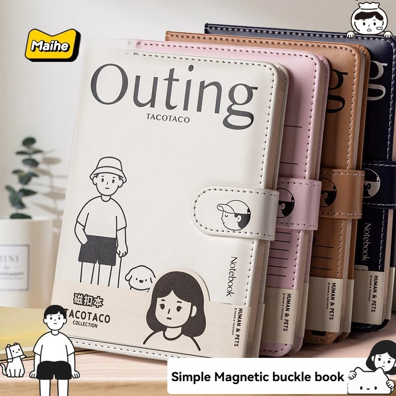 Notizbuch mit Magnetknöpfen und illustrierten Farbseiten, liniertes Notizbuch, Magnetknopf-Cartoon-Tagebuch, einfache und stilvolle Handschrift